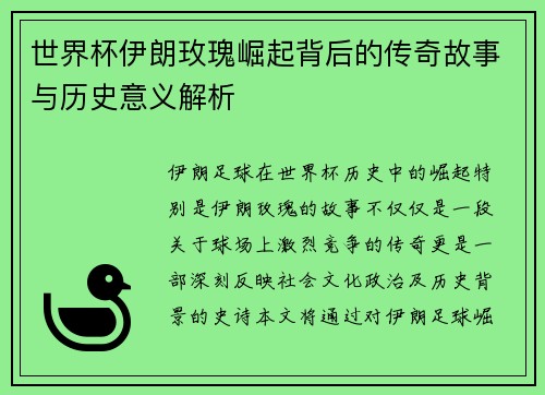 世界杯伊朗玫瑰崛起背后的传奇故事与历史意义解析