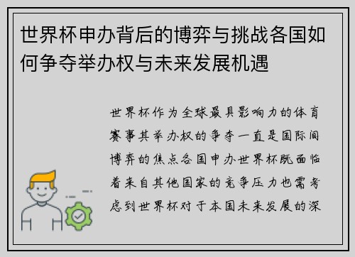 世界杯申办背后的博弈与挑战各国如何争夺举办权与未来发展机遇
